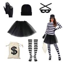 6pcs Women's Burglar Costume Set, Including Ballet Tutu Skirt, Burglar Hat, Gloves, Eye Mask, Canvas Money Bag, Striped Socks, Suitable For Adult Halloween Cosplay, World Book Day Masquerade Ball And Other Occasions
