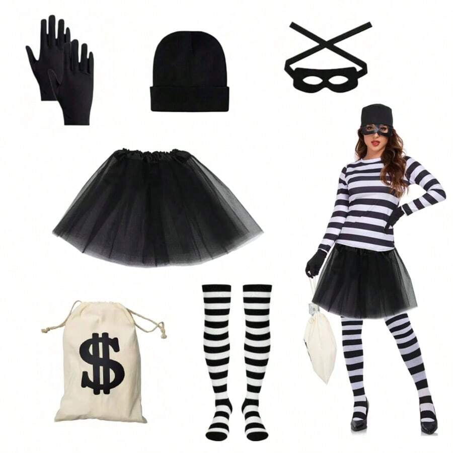 6pcs Women's Burglar Costume Set, Including Ballet Tutu Skirt, Burglar Hat, Gloves, Eye Mask, Canvas Money Bag, Striped Socks, Suitable For Adult Halloween Cosplay, World Book Day Masquerade Ball And Other Occasions