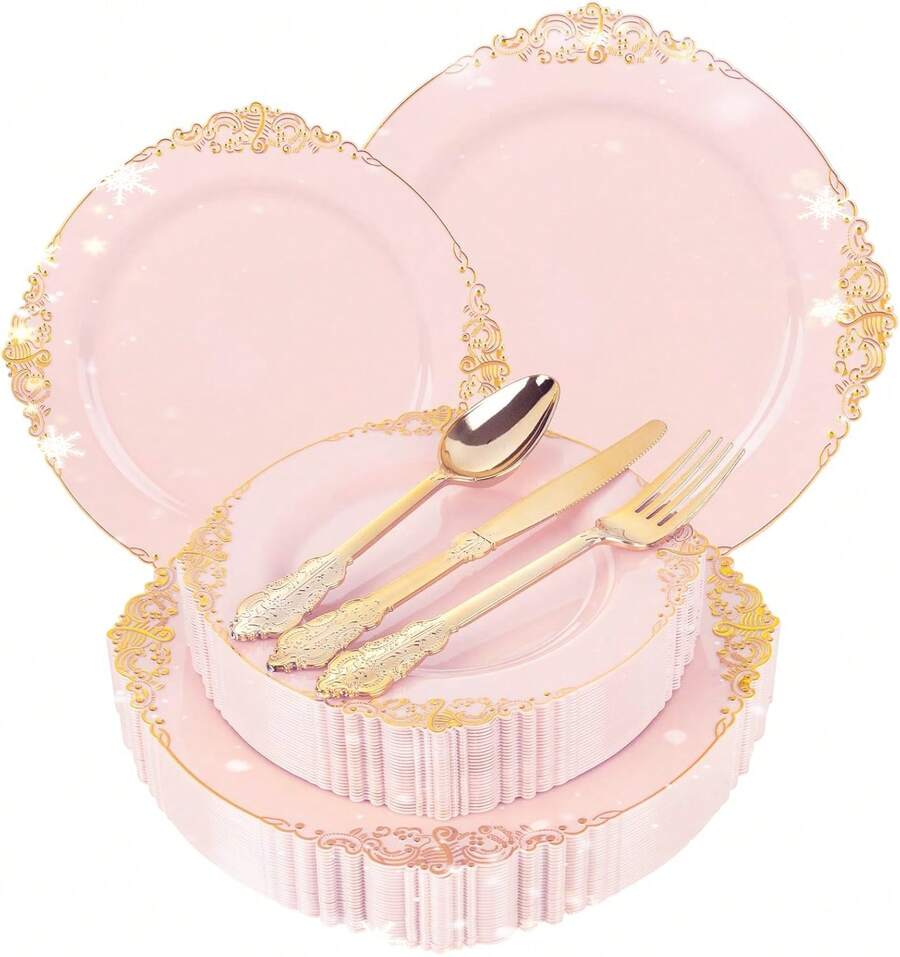 50pcs Pink-Edged Plastic Cutlery Set, Disposable Cutlery, Including 10 10.25-Inch Plates, 10 7.5-Inch Dessert Plates, 10 Knives, 10 Forks, And 10 Spoons. Suitable For Birthday Parties/Weddings/Holiday Gatherings-Christmas. - 粉色 - 查看 1