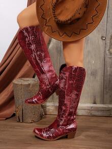 FVPFVP Inspired Embroidered Boots, European & American New Style Chunky Heel Increased Height Retro Knee-High Denim Boots For Women, - Red - View 3