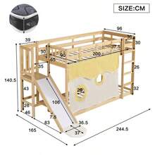 Wooden Bunk Bed With Ladder And Railing, With Curtain, Slide, Children's Bed With Fall Protection And Railing, MDF+Pine, White, 90x200cm - 自然色 - 查看 2
