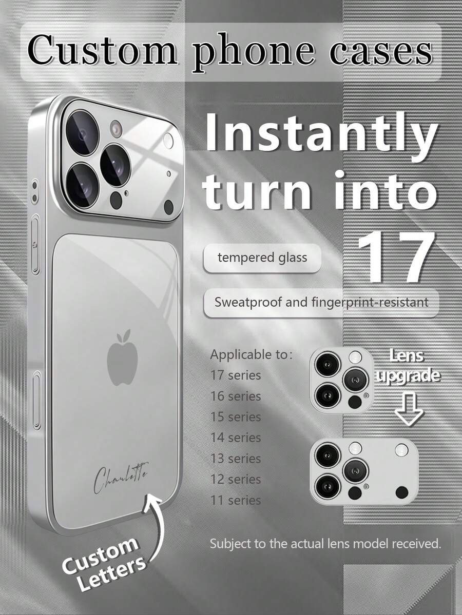 1pc Customized Minimalist Silver Apple Design Luxury Fashion Large View Tempered Glass With Lens Protection Matte Anti-Drop Phone Case Compatible With Iphone 17/17Pro/17ProMax/17Air/16/16Pro/16ProMax/16Plus/15/15Plus/15Pro/15ProMax/14/14Plus/14Pro/14ProMax/13/13Pro/13ProMax/12/11 Phone Accessories, Full Coverage High-End Protective Cover