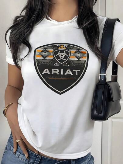 Playera Gráfica de Logotipo Vaquera, Estilo Oeste Rodeo Geométrico Manga Corta Negra, Ecuestre Country Casual Trendy Mujer