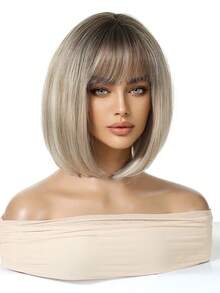 12 Inch Ombre Golden Short Straight Bob Wig, Women's Natural Heat Resistant Synthetic Wig With Bangs, Mother's Day Gift, Suitable For Daily Wear And Parties - Gold - View 4
