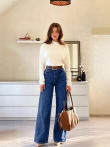 Women's Non-Stretch Dark Blue Denim Jeans - Autumn/Winter Style - Navy Blue - View 2