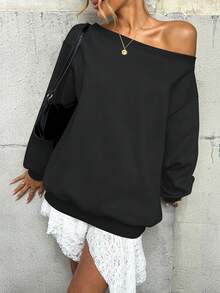 Women's Fleece Lined Off Shoulder Long Sleeve Oversized Pullover Top, Slouchy Basic Sweatshirt 8UTF - Gray - 查看 11