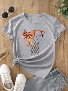 Clothes Street Fashion Bow Tie And Basketball Hoop Pattern Print Plus Size Loose T-Shirt Painting Style Patterns,Girl's Solid Color T-Shirt , Suitable For Daily Wear, Going Out, Party, School, Attending Music Festivals, Vacation, Commuting. Can Be Given As A Gift To Family, Boyfriend,Girlfriend, Friends,Girls Winter Clothes,Essentials Hoodie