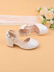 女童甜美碎花礼服鞋，适合婚礼、派对、节日等场合，适合幼儿、小女孩和大女孩，经典舒适百搭的白色珍珠高跟鞋，正式场合、演出、芭蕾舞、公主鞋，亮面露趾鞋 - 白色 - 查看 8