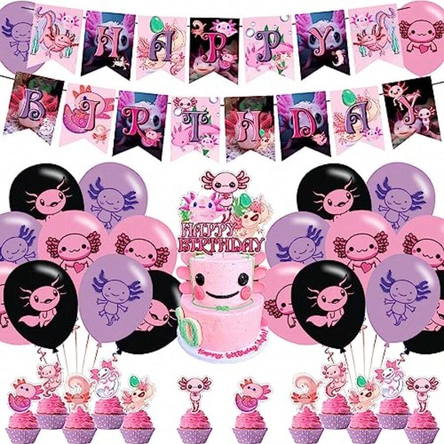 DAxolotl Birthday Decoration - Pink Cartoon Axolotl Kawaii Theme Banner Cake Topper Latex Balloons For Party Plies Baby Shower - 粉色 - 查看 1