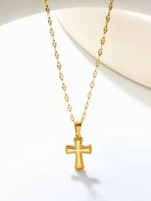 1 pièce Collier pendentif croix, style classique hip hop décontracté en acier inoxydable, utilisé pour les cadeaux d'Halloween, Noël, Pâques, accessoires de bijoux polyvalents pour un usage quotidien - Doré - Voir 4