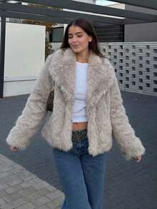 Chaqueta de manga larga de piel sintética esponjosa y cálida para otoño/invierno - Gris Claro - Ver 4