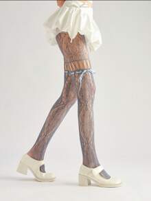 Y2K Subculture Bowknot Fishnet Stockings, Hollow Out Jacquard Mesh Pantyhose, Dark Night Black - Blue - View 4