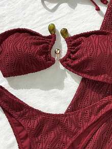 Set de 3 piese de costum de baie roșu texturat, sexy și la modă - sutien fără bretele + pantaloni scurți de baie + fustă cu volane și crăpături înalte | Costume de baie esențiale pentru petreceri la piscină și vacanțe la plajă, vara - roșu - Vizualizare 7