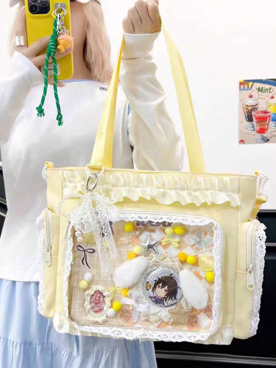 1 Stück Kawaii Spitze Rüschen Dekor Umhängetasche, elegant & raffinierter japanischer Stil, transparente Schicht Dekoration geeignet für Anime/Comic Conventions, große Kapazität Lässig Handtasche mit abnehmbarem verstellbarem Riemen