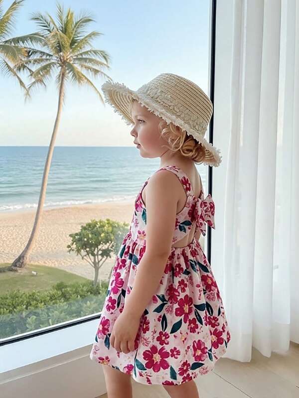 Vestido sin mangas con estampado floral y lazo para niñas bebé, dulce y lindo para vacaciones y uso casual, adecuado para salidas o atuendo diario, primavera/verano