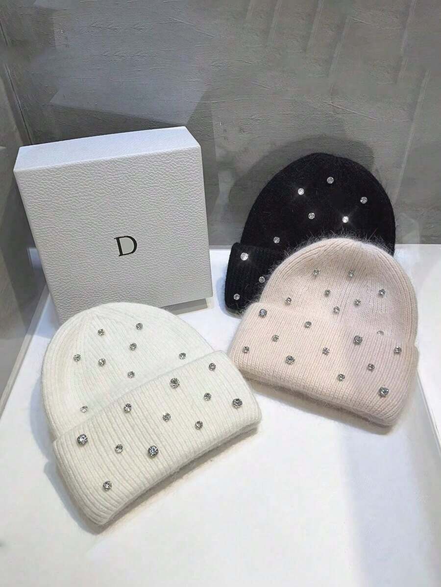 1pc Heavy Sequin Accent Rabbit Fur Knitted Hat Women, Warm & Thick, Fashion & Versatile, Autumn/Winter - 彩色 - 查看 1