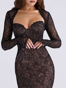 Embroidered Floral Black Lace Dress, Elegant Sexy Strapless Long Sleeve Bodycon Dress, Women's Fashion Birthday Party Cocktail Gown, 2026 New Year Special - Black - View 3