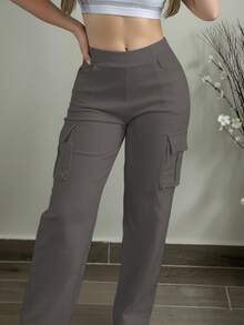 Plus Size Women Casual Fashion Versatile Cargo Pants - Dark Grey - View 3
