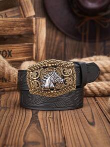 2pcs/1pc Denim, Horse Shaped Buckle Men And Women's Belt, Personalized Bull Head Buckle Waist Belt, Retro Embossed Craft Leather Belt, Suitable As Gift For Boyfriend Or Girlfriend - Multicolor - View 9
