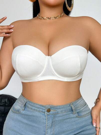 1pc Women's Solid Color Ribbed Molded Cup Wireless Comfortable Plus Size Bra