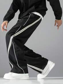 男士时尚休闲直筒裤，运动风格，饰有时尚罗纹织带，撞色包边设计 - 黑色 - 查看 8