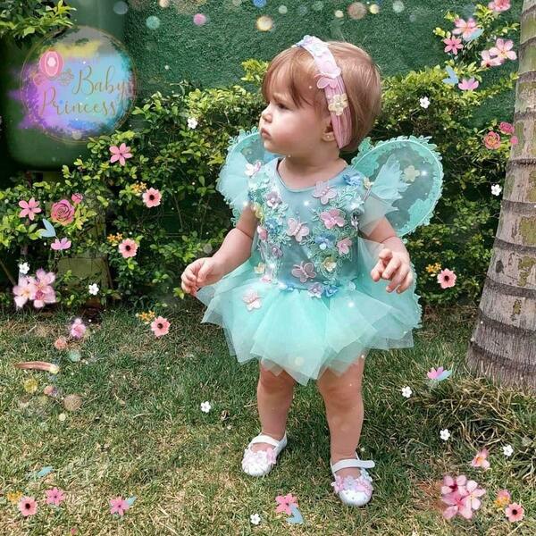 Vestido jardim encantado - Kit 3 peças Romper + Asa + Faixa. vestido de fada infantil romper