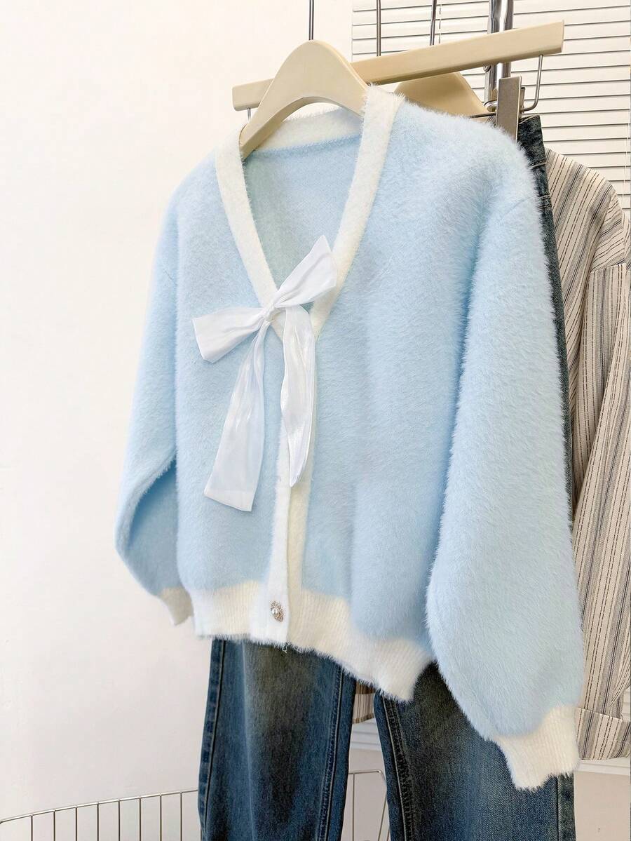 A Foreign Ribbon Neck Cardigan - Blue - View 1
