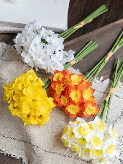 6pcs/Lot Artificial Daffodil Flowers, Living Room Desktop Decor, Home Decoration, Wedding Craft Supplies