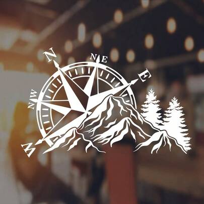 1 stuk vinyl sticker met kompas in bergbos, waterdichte sticker in reisavontuurstijl voor terreinwagens, campers, caravans en caravans