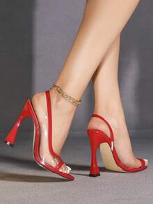 Jin Bei Qi Giày cao gót hở mũi bằng da bóng màu trơn cho nữ, đế trong suốt, hở mũi, thiết kế gót độc đáo, thời trang, thanh lịch, quyến rũ, thích hợp cho tiệc tùng, đám cưới, lãng mạn, màu đỏ - Đỏ - Xem 5