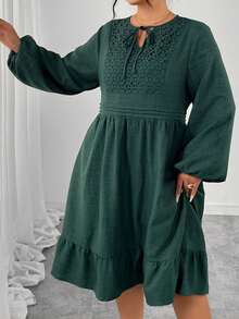 LUNA Vestido verde militar holgado de manga larga, escote calado y cintura anudada. Elegante vestido largo de talla grande para mujer, con mangas abullonadas y cintura alta, ideal para primavera y otoño. Ideal para festivales de música, citas, el día a día y fiestas. - Verde militar - Ver 4