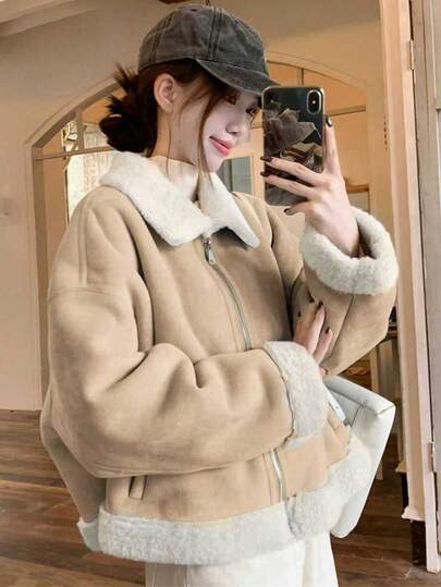 한국 스타일 인조 모피 칼라 스웨이드 플리스 재킷 여성, 지퍼 클로저 두꺼운 따뜻한 안감 코트 가을/겨울용