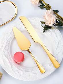 1件/2件镀金不锈钢蛋糕铲，婚礼蛋糕切割套装，高级蛋糕切割套装，精致刀齿铲，家用三角带齿铲，加厚长柄烘焙披萨铲 - 彩色 - 查看 2