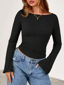 Fall New Arrival Women's Long-Sleeve Top Crop-Top Style Casual Outerwear Boat Neck With Bell Sleeves Ribbed Pleated Design Millennial-Inspired Fashion - 黑色 - 查看 3