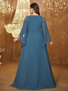 SUPGIR V-Neck Long Sleeve Waist Ruched Luxury Sequin Patchwork Front Slit Maxi Hem Evening Gown Dress