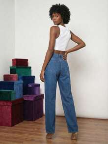 Middle-Waisted Rigid Denim Straight Fit Jeans - Authentic Blue Wash 100% Coton, Made In Türkiye - Blue - View 3