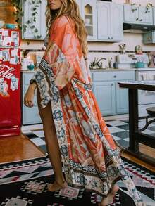 Women's Kaftan Beach Positioning Printed Cardigan Kimono Robe Style Casual Vacation Poncho Dress Bikini Cover Up - Multicolor - View 3