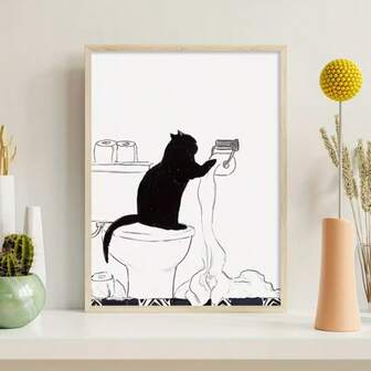 1pc Unframed Canvas Poster, Cartoon Art, Black Cat Standing On The Toilet To Take Paper Towels, Ideal Gift For Bedroom Living Room Corridor, Wall Art, Wall Decor, Winter Decor, Room Decoration