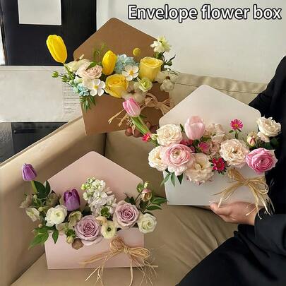 12个优雅信封式花盒 - 空盒，适合DIY插花、送礼和家居装饰，坚固的纸板花盒，简约设计