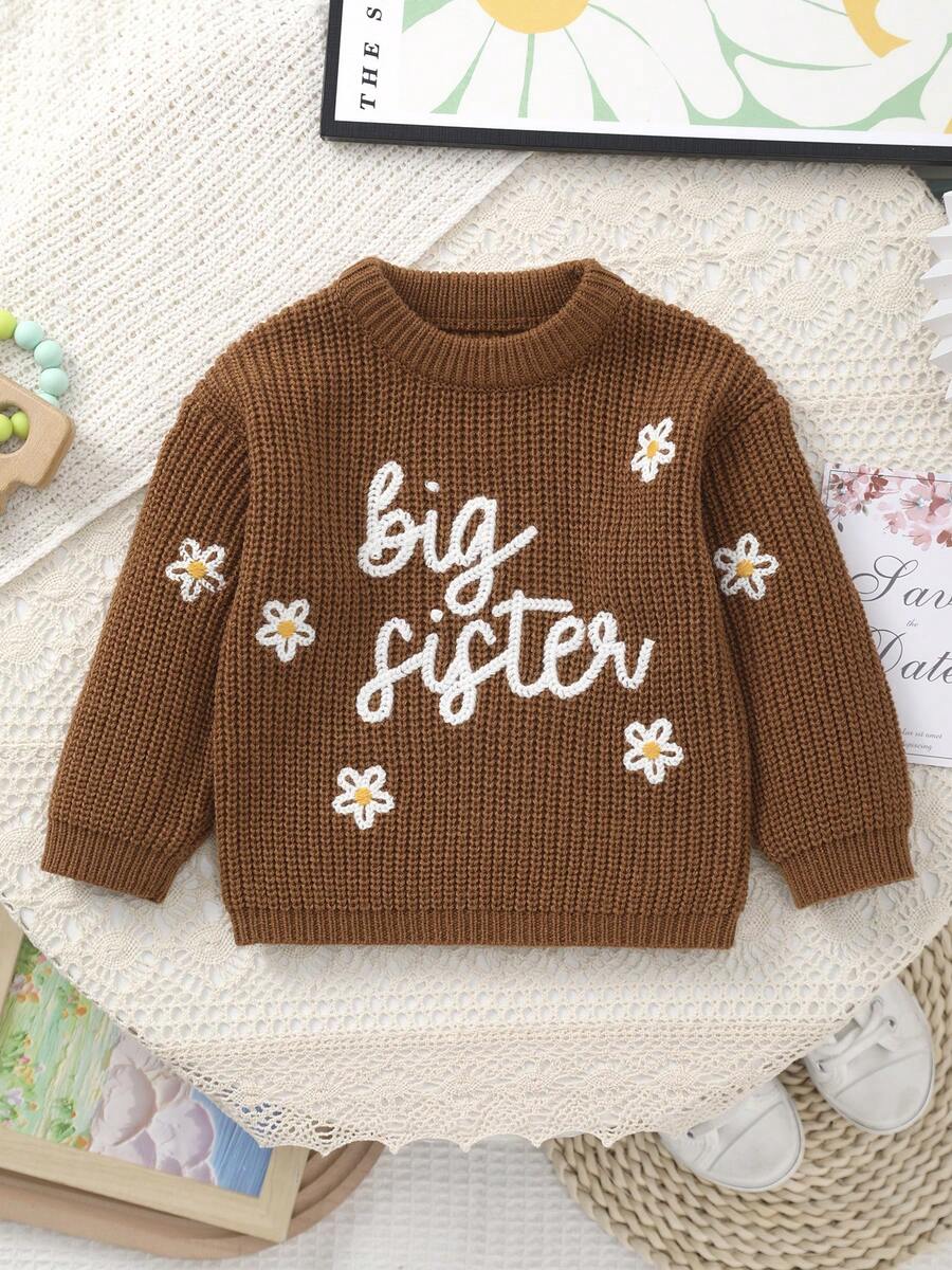 Infant Girls' Knitted Sweater With Delicate "Big Sister" Embroidery And White Floral Pattern, Soft And Cozy - Brown - View 1