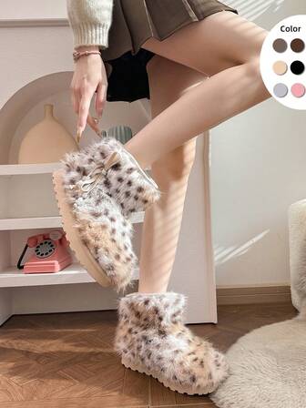 Women's Solid Color Y2K Style Faux Fur Snow Boots, Beaded Fluffy Boots, Suitable For Home, Party, Autumn/Winter, Great Christmas Gift