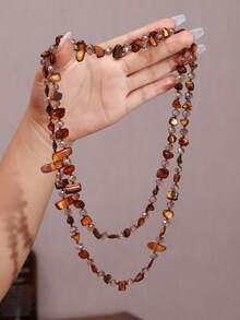 1pc Fashionable Geometric Beaded Necklace, Elegant Retro Bohemian Natural Style Imitation Shell Beaded Multi-Color Long Necklace, Colorful Shell & Glass Multi-Layer Necklace, Women's Long Sweater Chain, Cross-Border Creative European And American Style Suitable For Women's Daily Wear, Parties, Holidays, Vacations, Daily Gifts, Jewelry Gifts