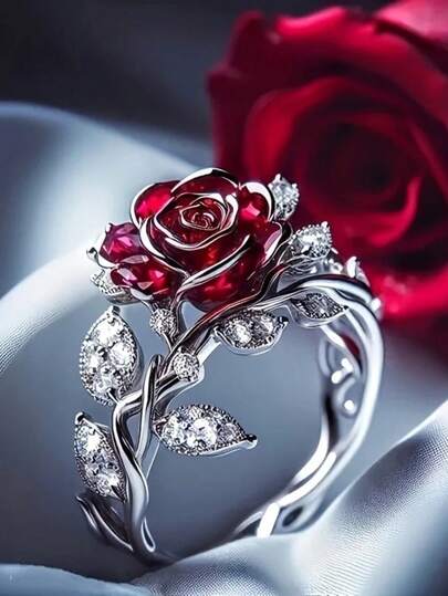 1pc Retro Red Rose And Leaf Inlaid Sparkling Cubic Zirconia Women's Ring Valentine's Day Anniversary Engagement Wedding Christmas Elegant Jewelry Sweet Cool Girl Party Gift