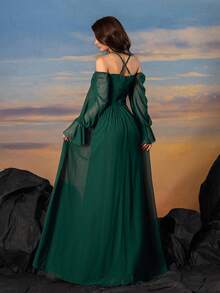 SUPGIR 刺绣串珠露肩长袖褶皱腰部喇叭连衣裙，阿拉伯风格 - 墨綠色 - 查看 2