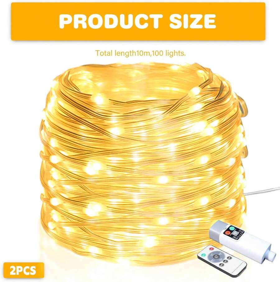 Cadena de luces con pilas, 10 m, 100 ledes, carga USB, con mando a distancia y temporizador, resistente al agua, para interior y exterior, fiesta, boda, Navidad, decoración (blanco cálido) - 1 - Ver 1