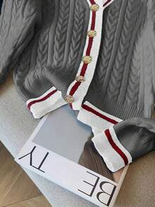 Áo khoác cardigan dệt kim tay dài dành cho nữ, kiểu dáng thường ngày, kẻ sọc phối màu tương phản, cài cúc vàng, thích hợp cho mùa Thu/Đông. - Xám - Xem 5