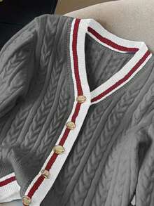 Áo khoác cardigan dệt kim tay dài dành cho nữ, kiểu dáng thường ngày, kẻ sọc phối màu tương phản, cài cúc vàng, thích hợp cho mùa Thu/Đông. - Xám - Xem 4