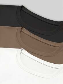 Fisoew 3 Pack Long Sleeve Workout Shirts For Women, Sun Protection Tops With Thumb Hole, Fitted Crewneck Yoga Running Tees, Breathable Stretchy Activewear Sets - 黑白淺棕 - 查看 3