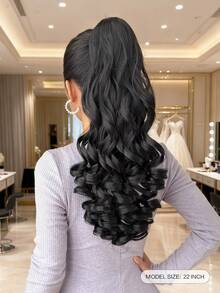 Extensiones de cola de caballo sintética ondulada de 20 a 24 pulgadas de largo, con pinza de agarre, color marrón claro, adecuado para uso diario - Negro - Ver 3