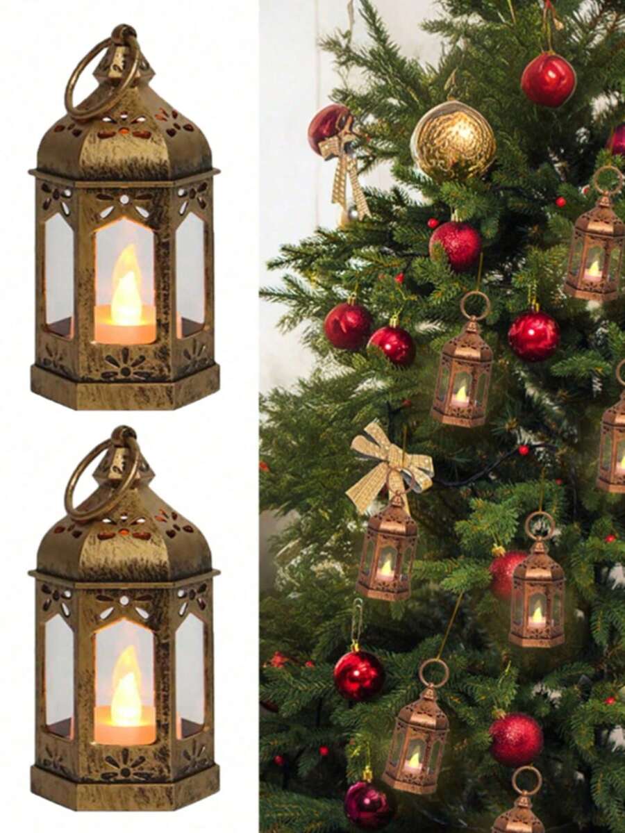 4pcs Mini Portable Ramadan Hanging Hexagonal Lantern Candle Lights (Battery Included), Ramadan Moon And Star LED Candle Holder Lights, Vintage European Style Lantern Candle Holder Decoration LED Lights, Suitable For Festivals, Vintage Decorative Lights, Suitable For Home Use - Multicolor - View 1